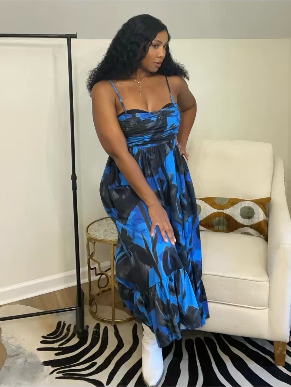 Hutch Blue & Black Abstract-Print Spaghetti-Strap High Low Midi Dress